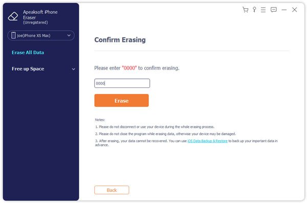 Начните стирать устройство IOS