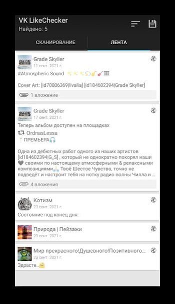 Найденные лайки пользователя ВК в приложенииVK LikeCheсker