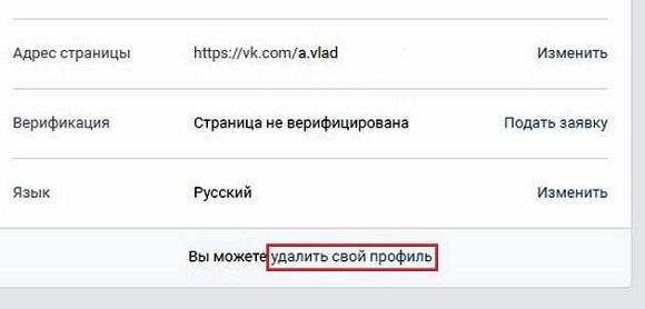 Нажимаем удалить свой профиль внизу страницы