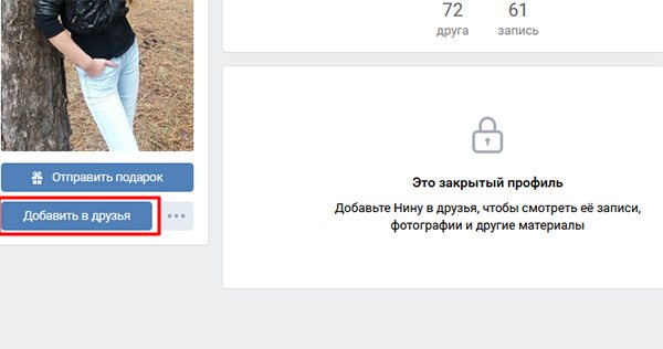 Нажмите на кнопку Добавить в друзья для отправки сообщения в ВК