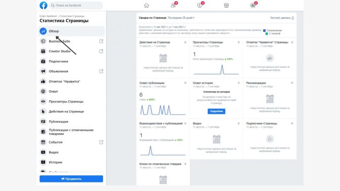 Обзорная статистика страницы в Фейсбуке
