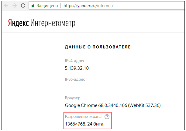 определение разрешения экрана с помощью сервиса Яндекс Интернетометр