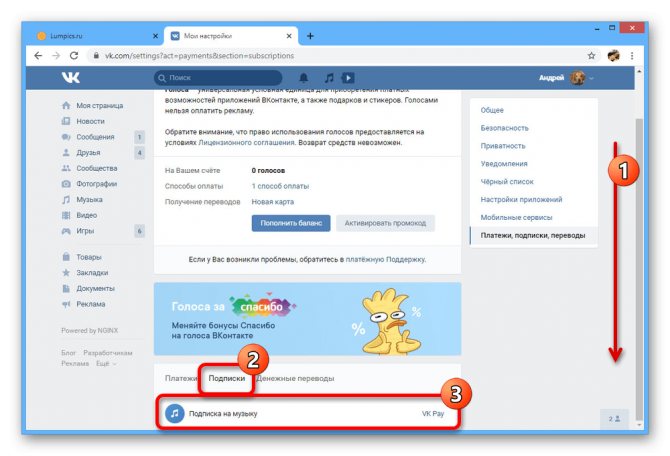 Переход к управлению подпиской на сайте ВКонтакте