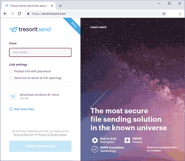 Сервис передачи больших файлов Tresorit Send