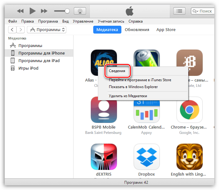 Сведения о файле в iTunes