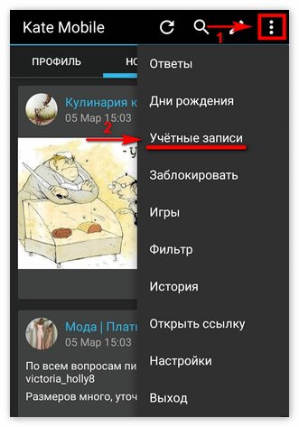 Управление учетными записями в Kate Mobile