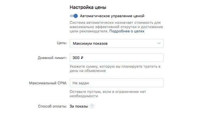 В ручном управлении ценой вы выбираете способ оплаты (за показы или за переходы) и устанавливаете фиксированную цену за тысячу показов.