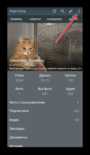 Вход в настройки в приложении Kate Mobile