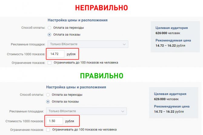 Всегда ставьте стоимость за 1000 показов в несколько раз ниже рекомендованной ставки
