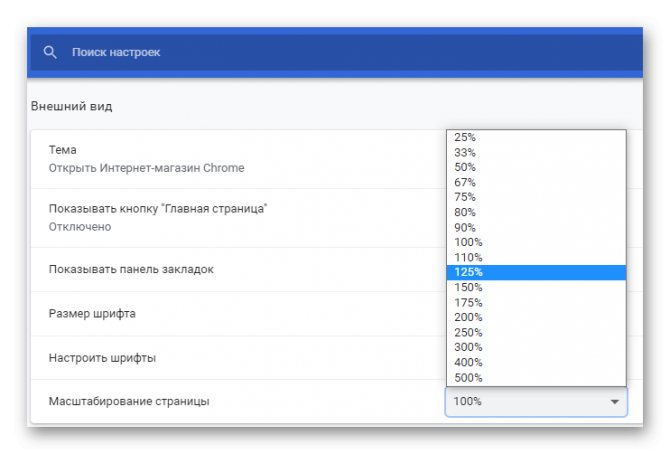 Выбор масштаба страницы в браузере Chrome
