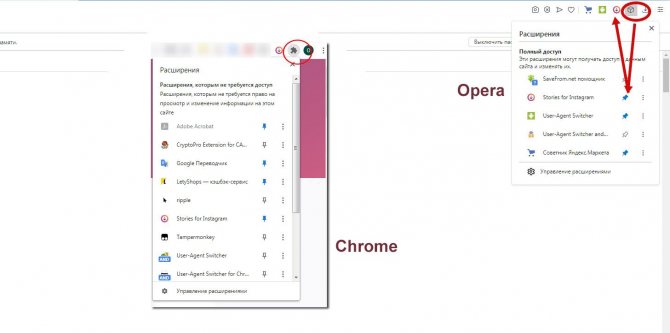 Значок расширений по виду отличается у Opera и Chrome